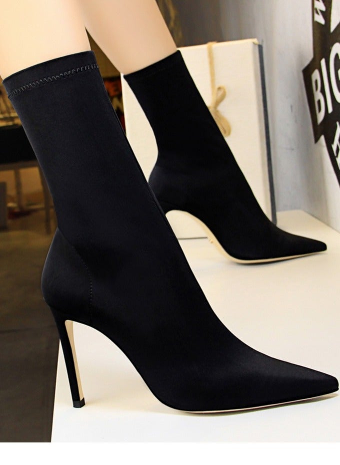 Women's Stretch Pointed Toe Sock Booties  Mid-Calf Ankle Boot 10 CM Stiletto  High Heel Boots Black