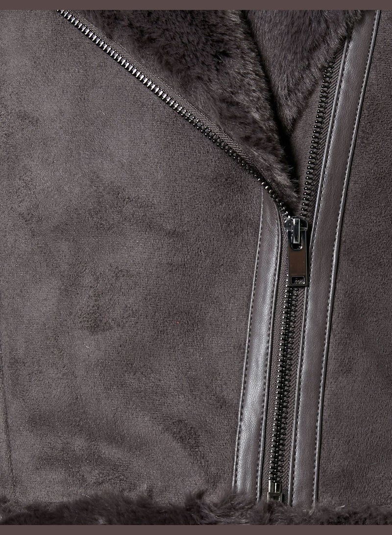 Pocket Detail Faux Fur Faux Leather Biker Jacket