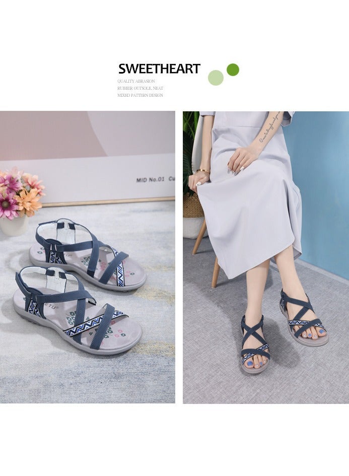 Bohemian Casual Comfortable Non-Slip Print Casual Flat Casual Sandals Blue