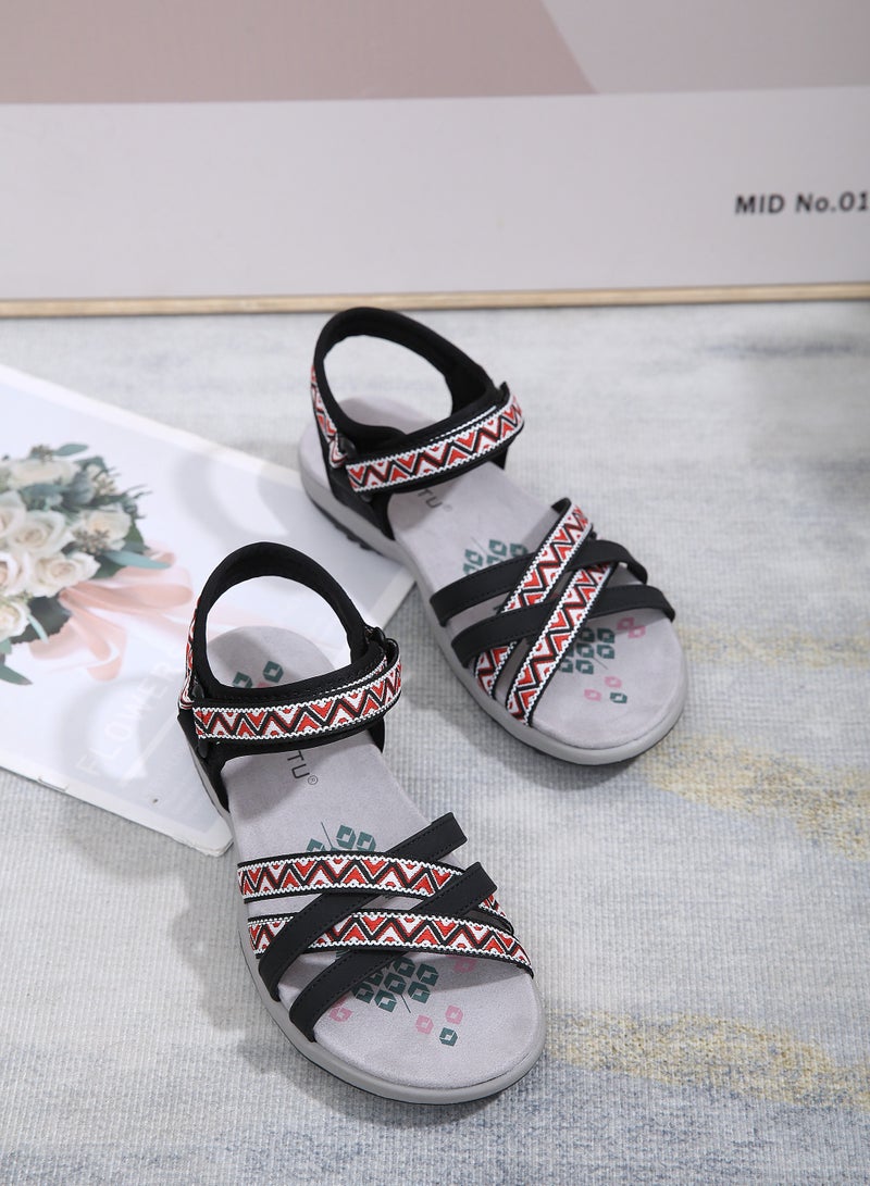 Bohemian Casual Comfortable Non-Slip Print Casual Flat Casual Sandals Black