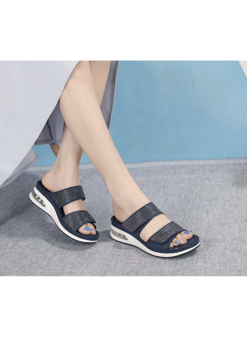 Casual air cushion bottom plus size car stitched wedge heel comfortable rhinestone sandals Blue