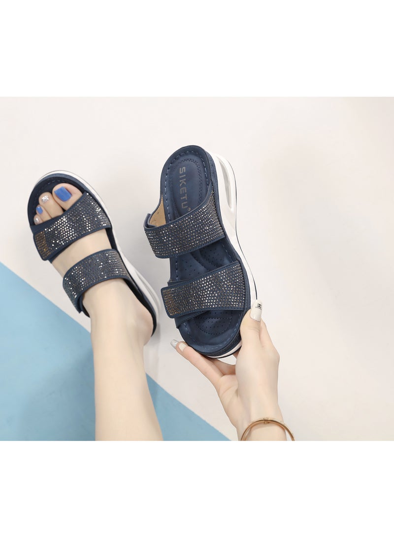 Casual air cushion bottom plus size car stitched wedge heel comfortable rhinestone sandals Blue