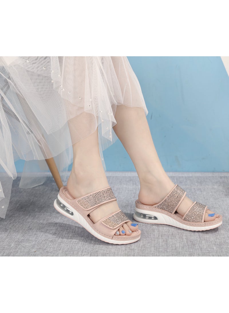 Casual air cushion bottom plus size car stitched wedge heel comfortable rhinestone sandals Pink