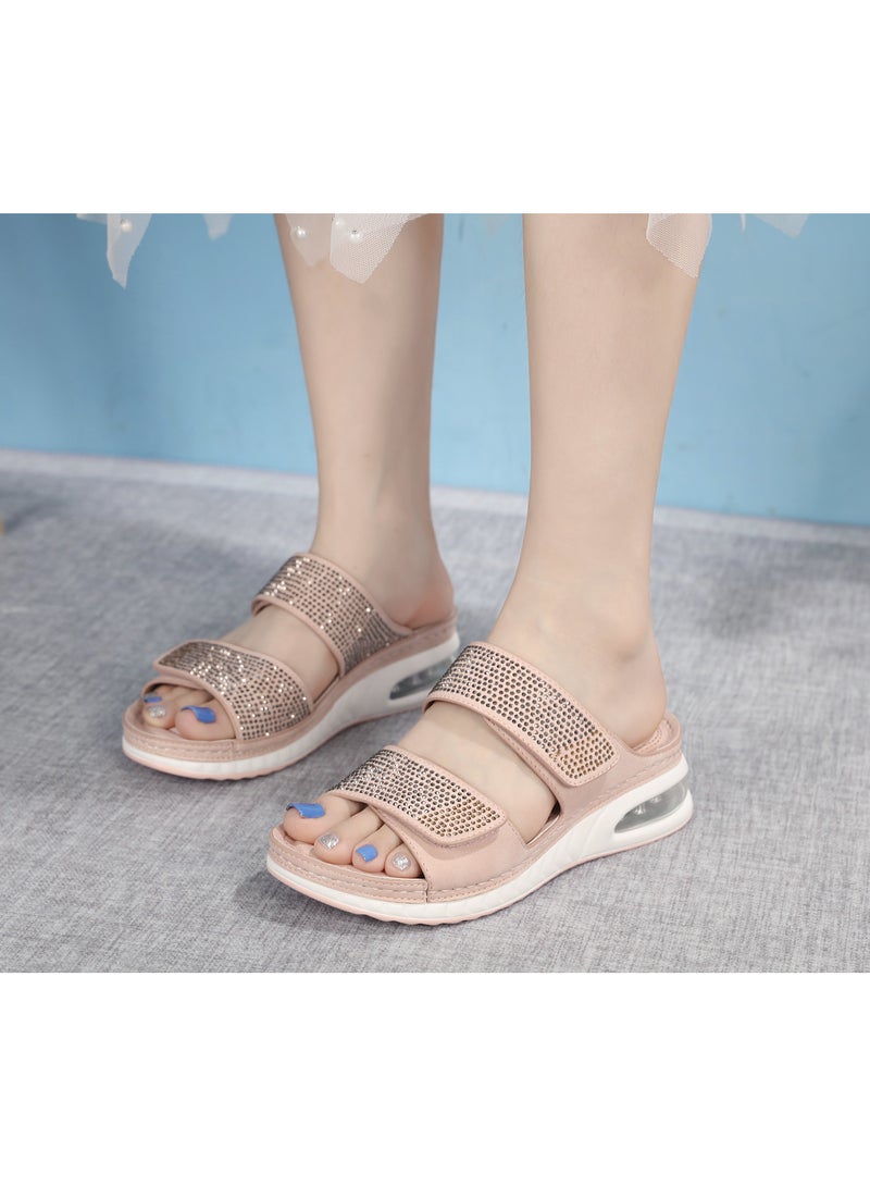 Casual air cushion bottom plus size car stitched wedge heel comfortable rhinestone sandals Pink