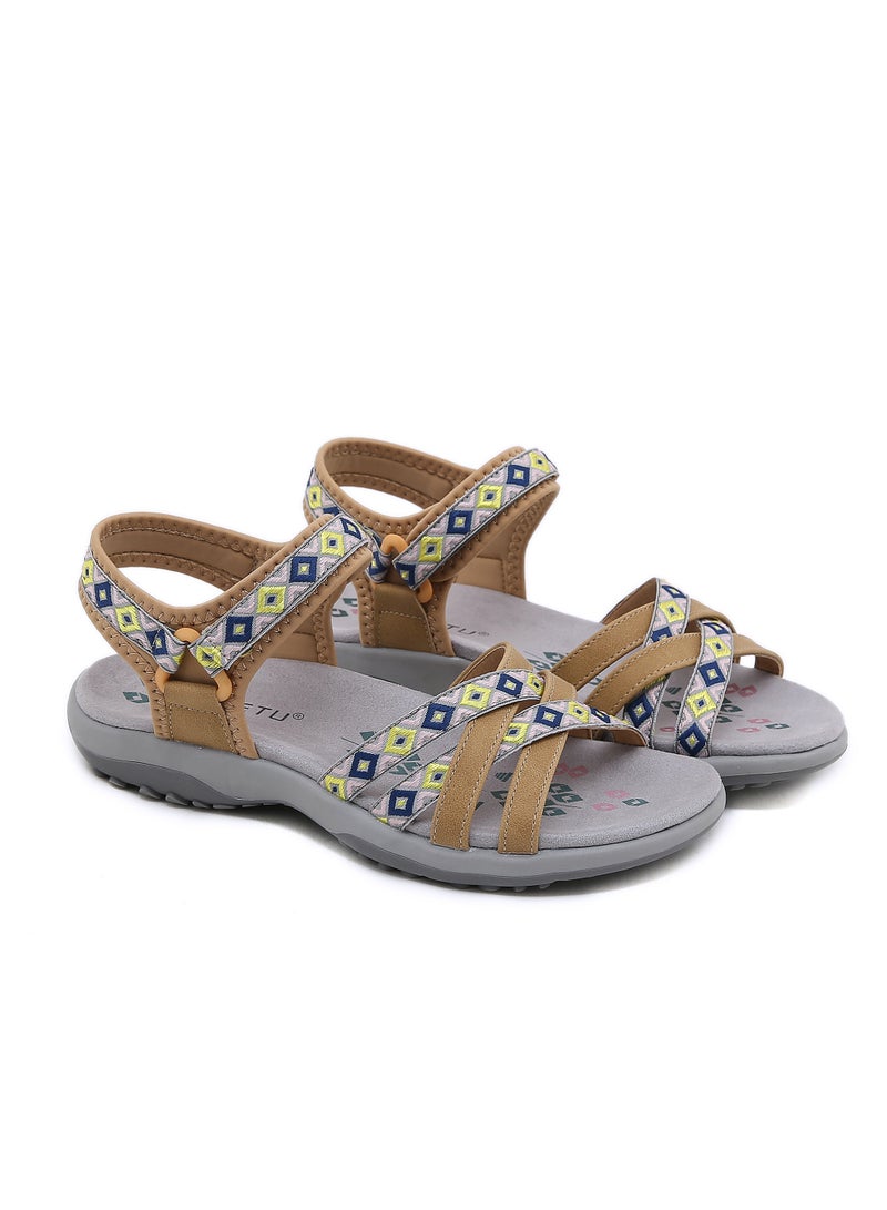 Bohemian Casual Comfortable Non-Slip Print Casual Flat Casual Sandals Brown
