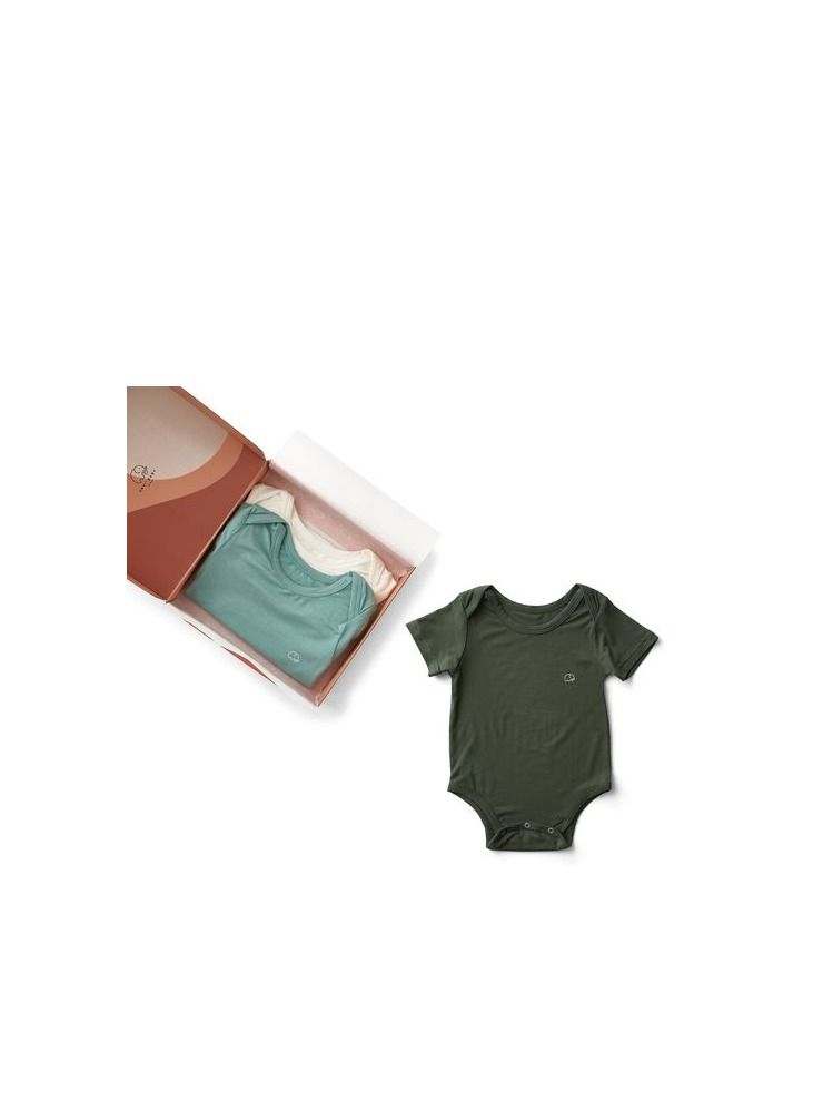 Set of 3 Organic Bamboo Spandex Bodysuit- Gift set 3-6m White/Soft Sage/ Dark Green