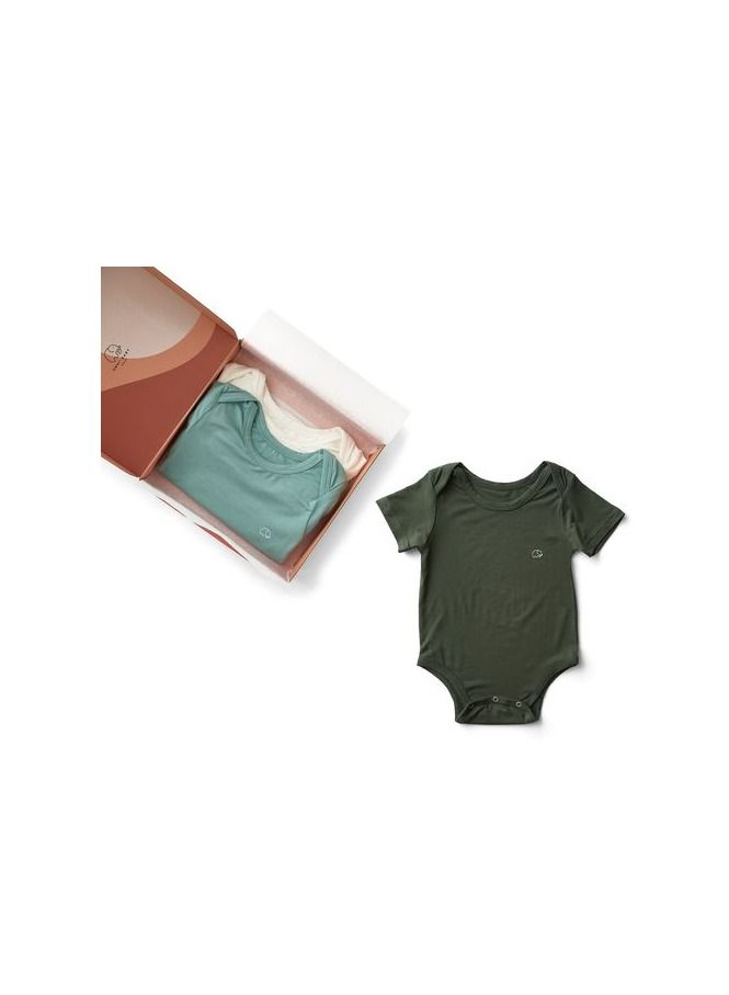 Set of 3 Organic Bamboo Spandex Bodysuit Gift set 0-3m- White/Soft Sage/ Dark Green