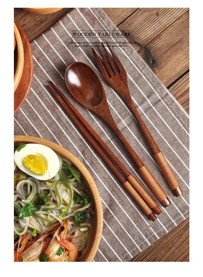 4-Piece Long Handled Solid Wood Adult Portable Tableware Set