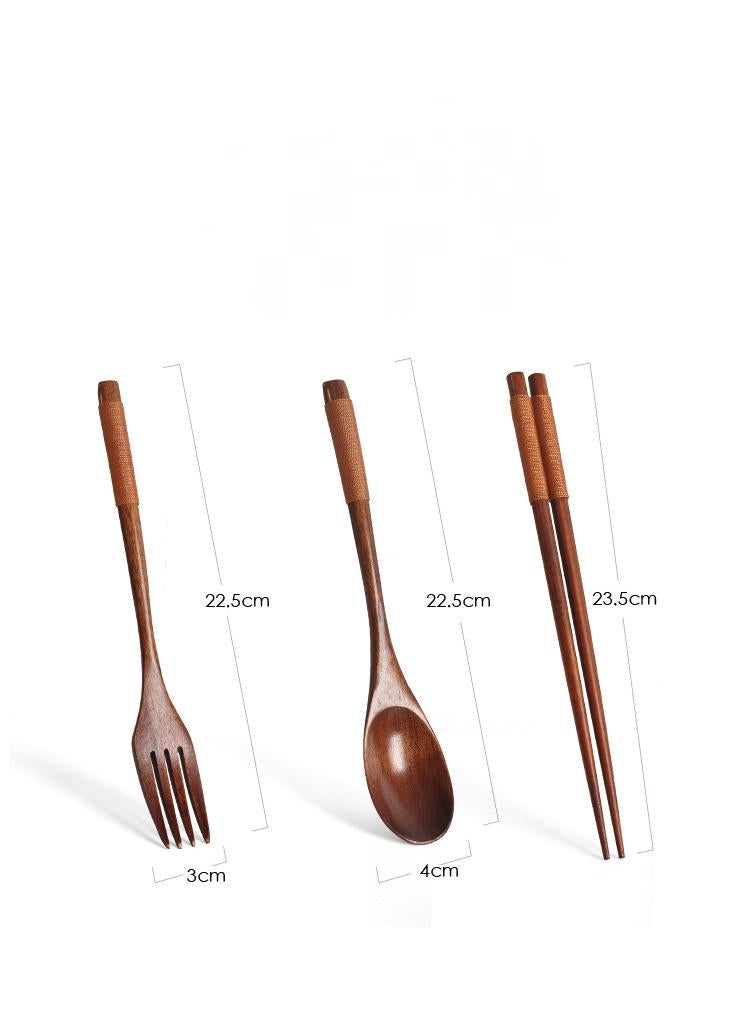 4-Piece Long Handled Solid Wood Adult Portable Tableware Set