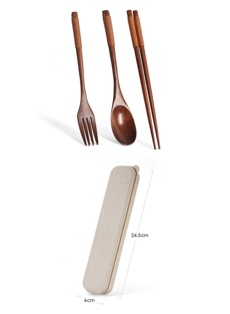 4-Piece Long Handled Solid Wood Adult Portable Tableware Set