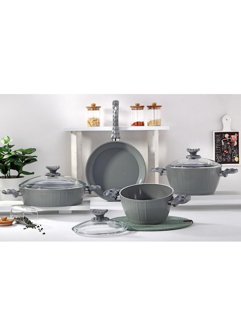7-Piece Farah Cookware Set - Tempered Glass Lids - 2 Deep Pots - 1 Low Pot - 1 Frypan - Non-Stick Ceramic Surface - PFOA Free - Grey