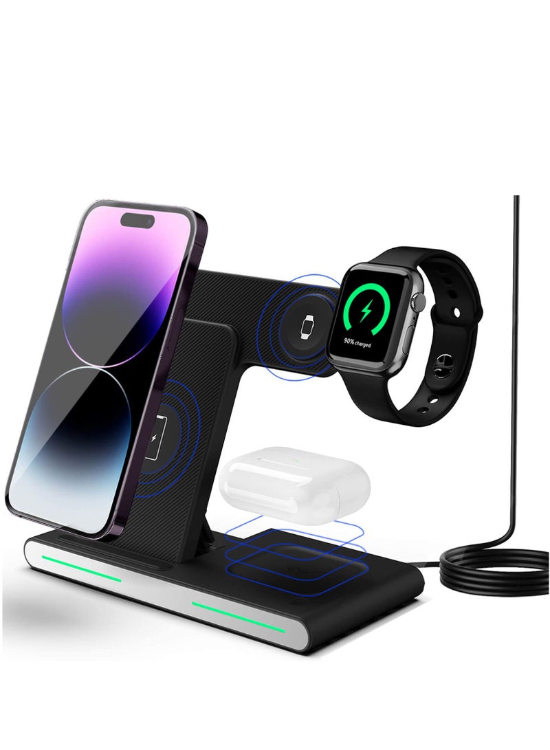 3 in 1 Wireless Charger, for Apple Multiple Devices Foldable Stand Dock, Charging Station for iPhone 14/13/12/11/Pro/Max/XS/Max/XR/XS/X, iWatch 7/6/SE/5/4/3/2, Airpods Pro/3/2/1, Black