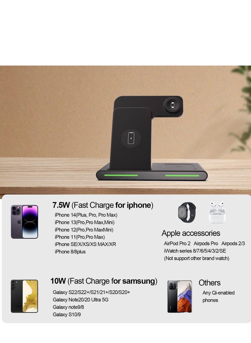 3 in 1 Wireless Charger, for Apple Multiple Devices Foldable Stand Dock, Charging Station for iPhone 14/13/12/11/Pro/Max/XS/Max/XR/XS/X, iWatch 7/6/SE/5/4/3/2, Airpods Pro/3/2/1, Black