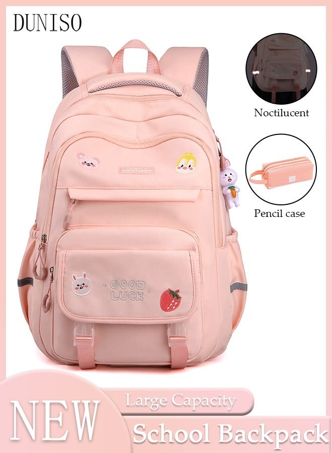 Girl's School Backpack with Pencil Case Waterproof Book Bag with Compartments for Teen Girl Kid Students Elementary School Kids' School Bag With Large Capacity and Reflective strip