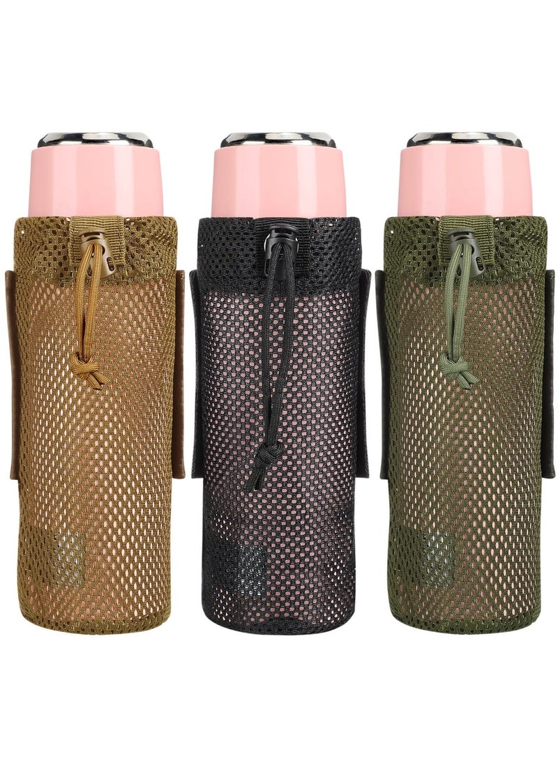 SYOSI 3 Pcs Adjustable Water Bottle Pouch, Molle Tactical Storage Mesh Bag for 17 Oz Drink Cup Lightweight Foldable Holder Backpack Travel (Brown, Army-Green, Black)