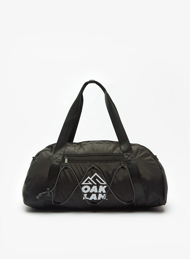 Men Logo Print Duffel Bag with Detachable Strap and Zip Closure