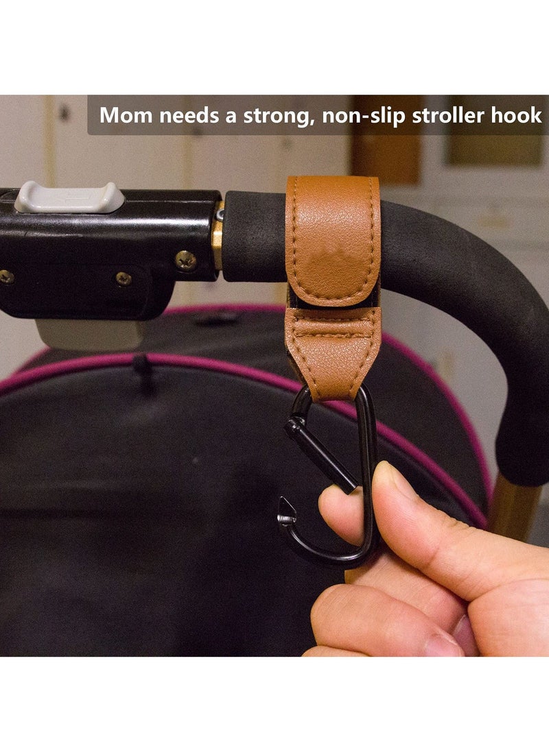 Baby Stroller Hooks Bag for Hanging Diaper Bags Multipurpose Velcro Grocery Shopping Premium Vegan Leather Pram Straps 2 Pcs, Brown