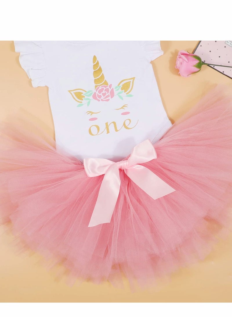 Baby Girl Birthday Unicorn Outfit Toddler My 1st Romper Tutu Skirt with Headband Clothes Set Pink