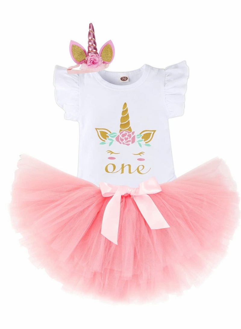 Baby Girl Birthday Unicorn Outfit Toddler My 1st Romper Tutu Skirt with Headband Clothes Set Pink