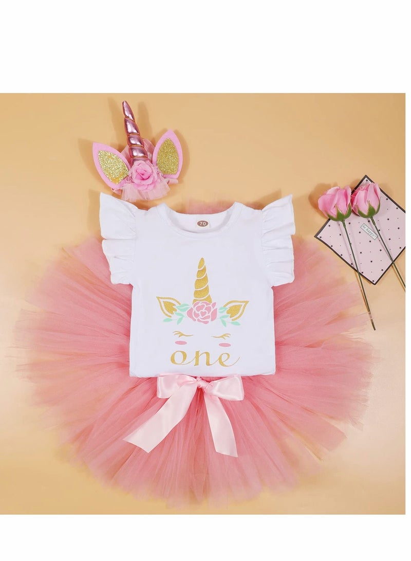 Baby Girl Birthday Unicorn Outfit Toddler My 1st Romper Tutu Skirt with Headband Clothes Set Pink