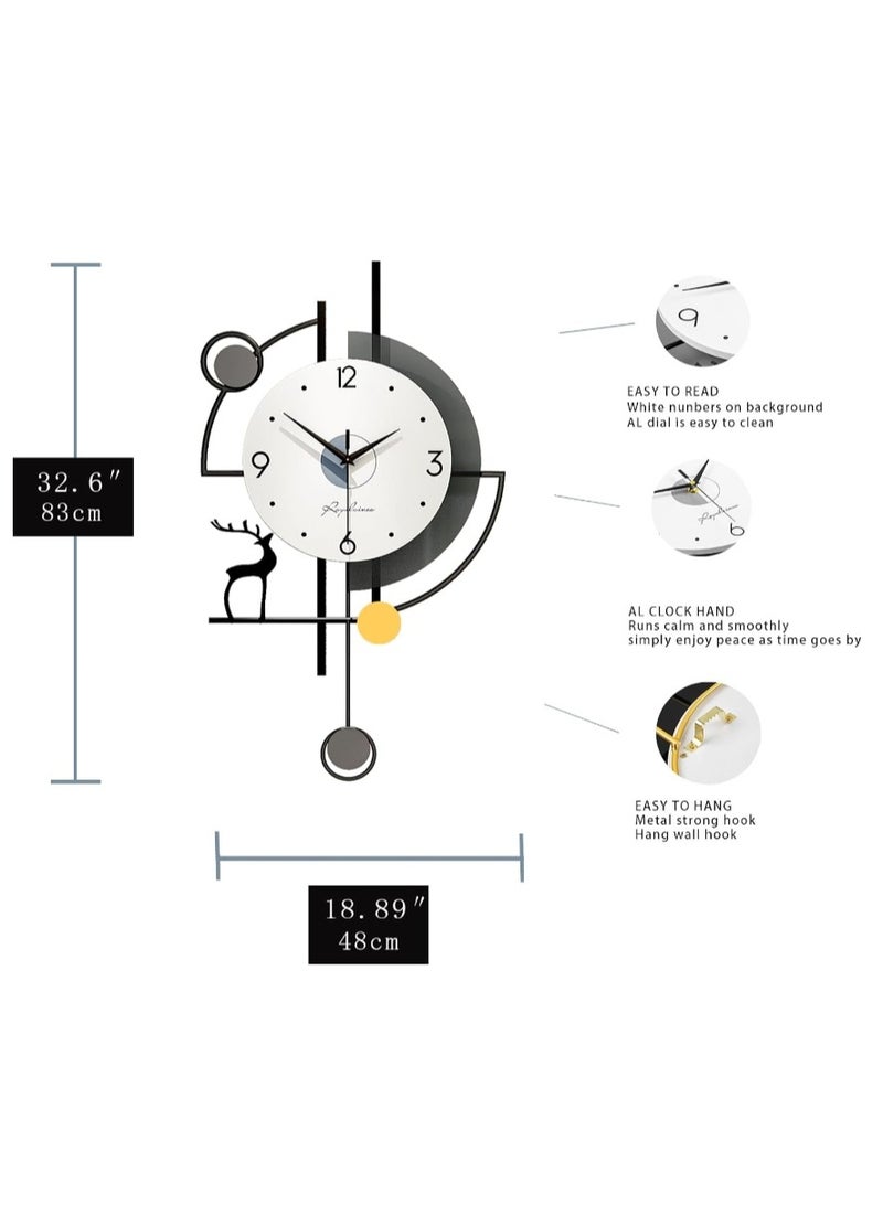 Large Wall Clocks for Living Room Decor Modern Pendulum Wall Clock Silent Quartz Battery Operated Non-Ticking for Bedroom Kitchen Office 24inch Black Metal Deer Clock Wall Decor for Home Indoor