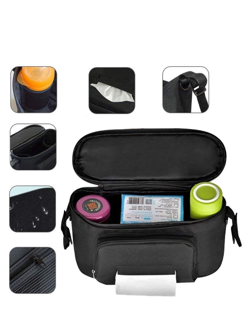 Universal Stroller Organizer with Cup Holders Accessories Zippered Bag Adjustable Strap Diaper Pocket Wipes Machine Washable for All Baby Models Black