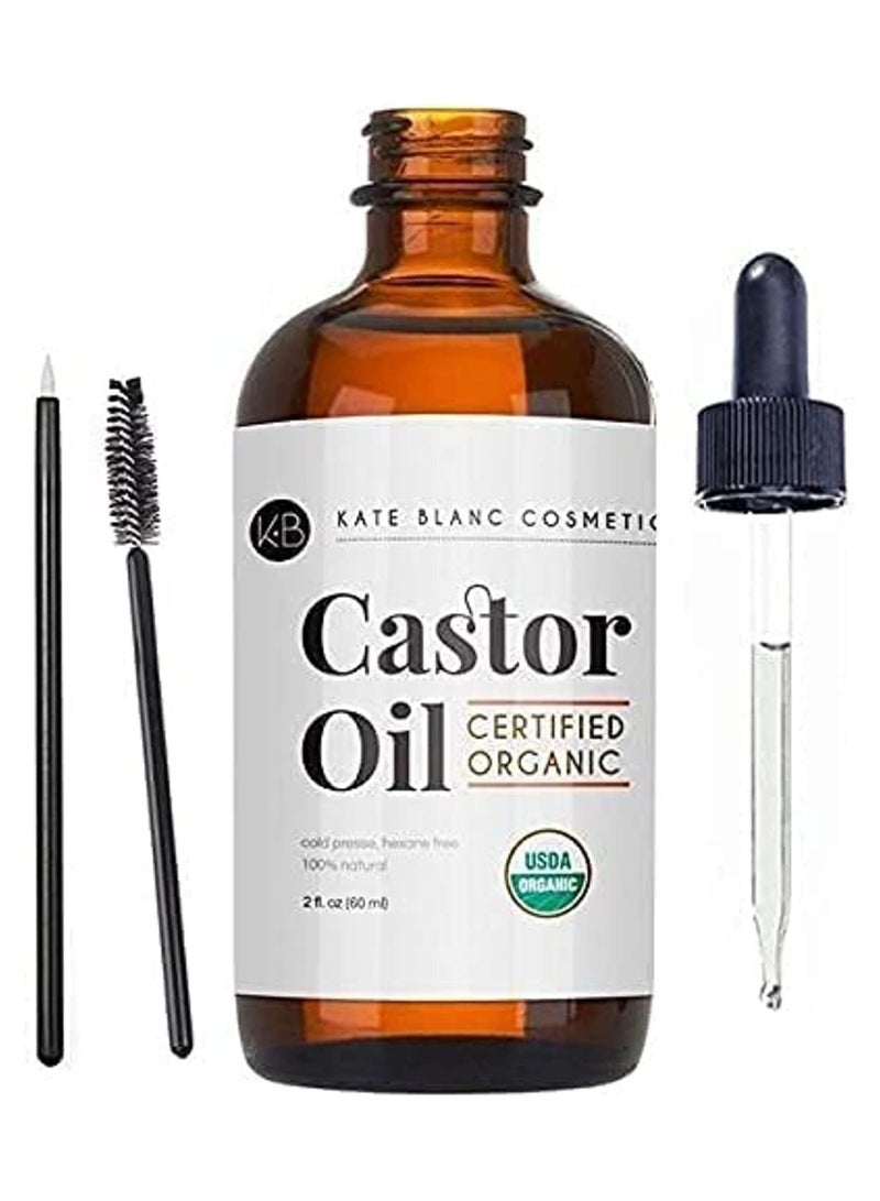 Castor Oil (2oz) USDA Certified Organic, 100% Pure, Cold Pressed, Hexane Free by Kate Blanc. Stimulate Growth for Eyelashes, Eyebrows, Hair. Lash Growth Serum. Brow Treatment. FREE Mascara Starter Kit
