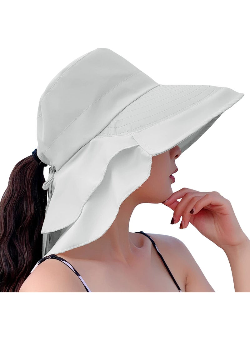 Women's Sun Hat Adjustable Beach Visor Fishing with Neck Flap Summer Wide Brim Outdoor UV Protection Ponytail Bucket Cap for Hiking Travel Light Gray