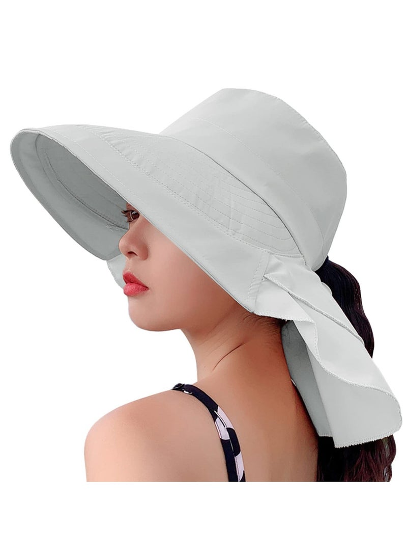 Women's Sun Hat Adjustable Beach Visor Fishing with Neck Flap Summer Wide Brim Outdoor UV Protection Ponytail Bucket Cap for Hiking Travel Light Gray