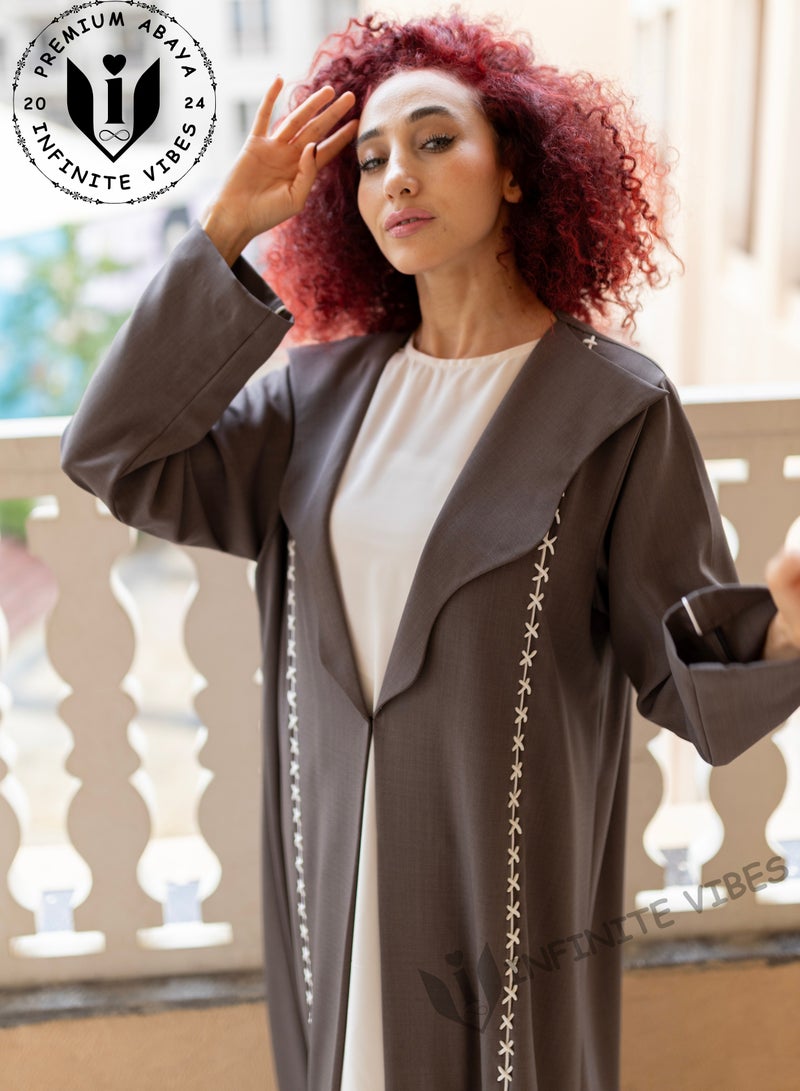 Dual Tone Grey Shade Abaya with Cross Stitch White Laces Handwork with Sheila