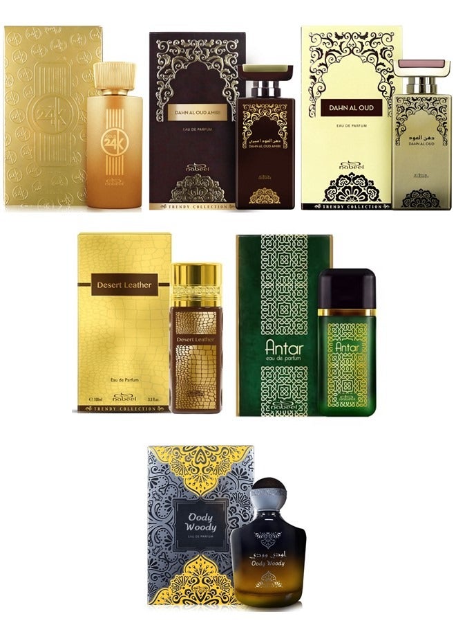 6Pcs Set of Nabeel Trendy Collection Perfume Dahn Al Oud Dahn Al Oud Amiri Antar Gold 24K Oody Woody Desert Leather Eau De Parfum