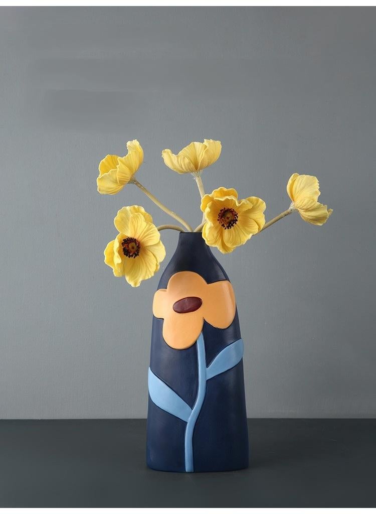1 Pcs Creative Home Morandi Painted Ceramic Vase Living Room Decoration 25Cm High With 5 Pcs Simulated Yellow Flowers