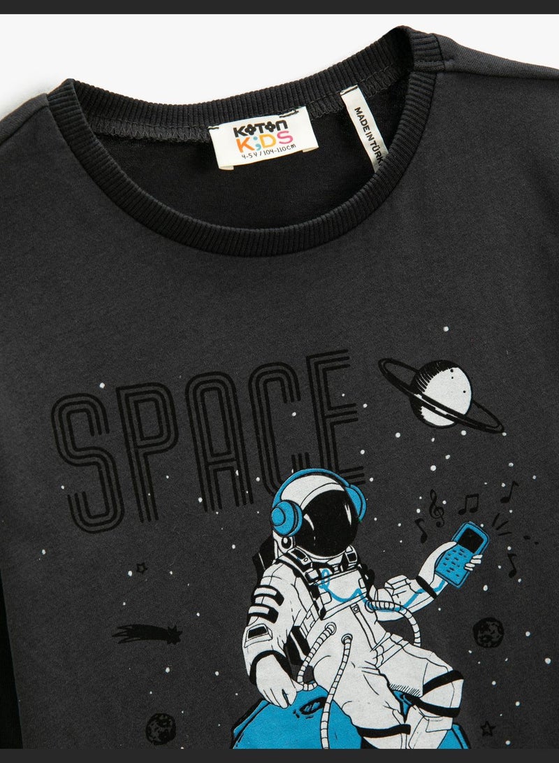 Space Themed Printed Long Sleeve T-Shirt Crew Neck Cotton
