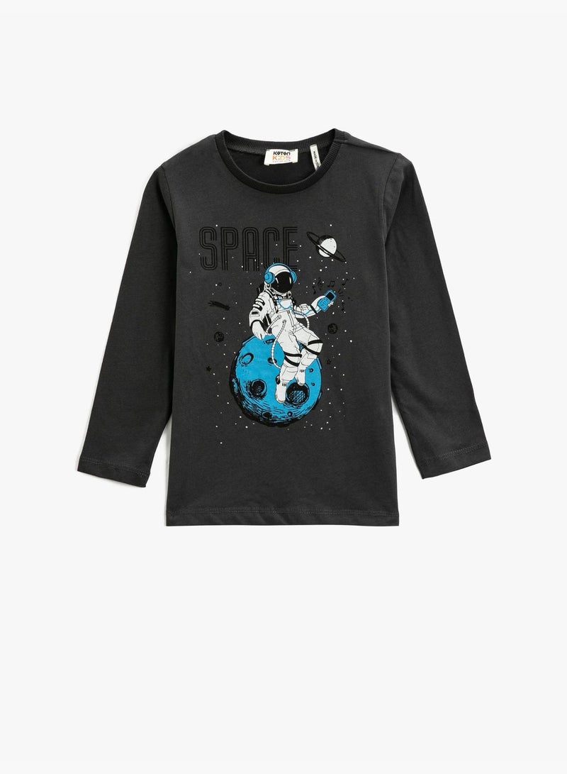 Space Themed Printed Long Sleeve T-Shirt Crew Neck Cotton