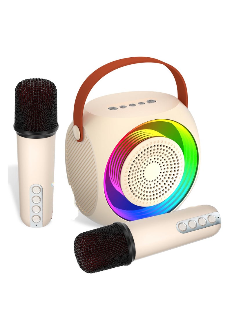 Kids Karaoke Machine, Mini Bluetooth Karaoke Speaker with 2 Wireless Microphone and LED Lights for Adults, Gifts for Girls/Boys Ages 4, 5, 6, 7, 8, 9, 10, 12+(Beige)