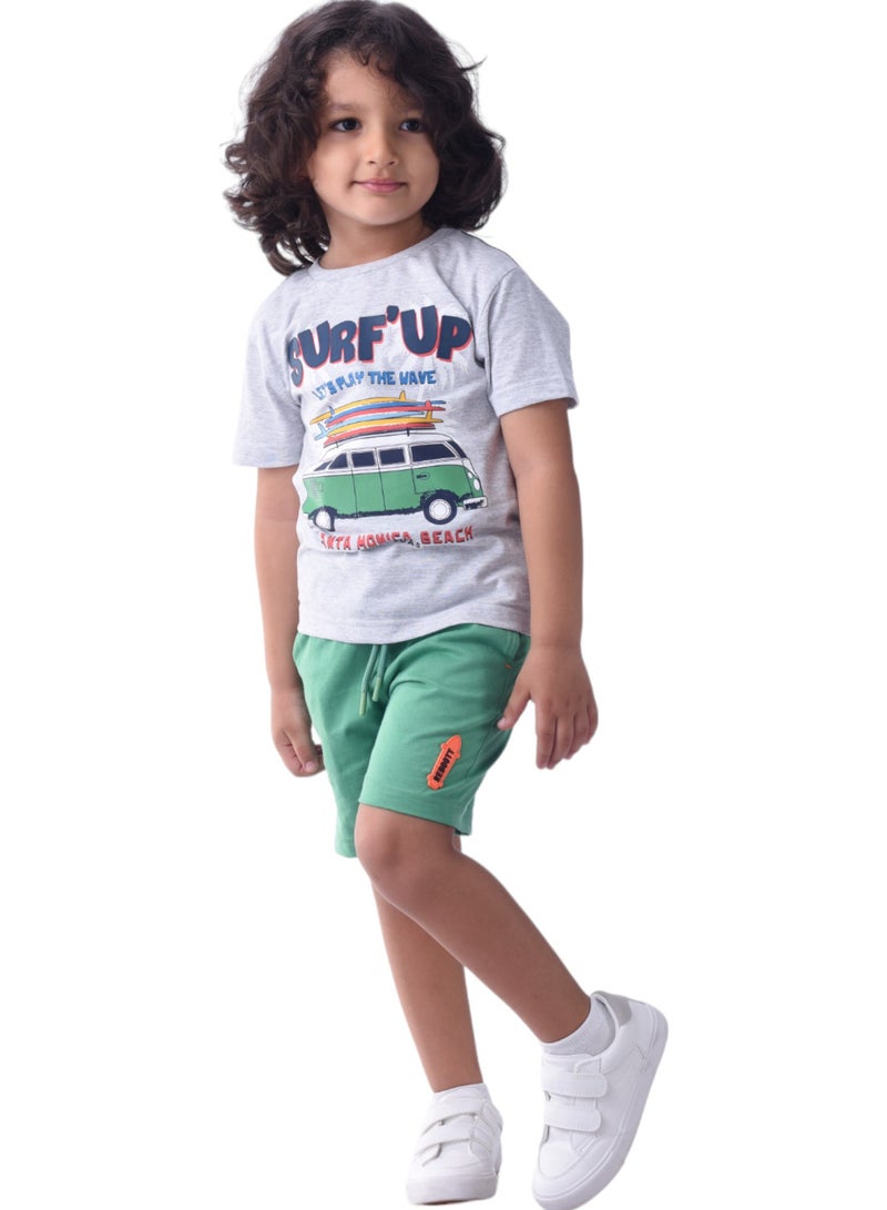 Kids Boys Set Comfortable 2-Piece T-Shirt & Shorts Set (2-8 Years)- Grey & Green