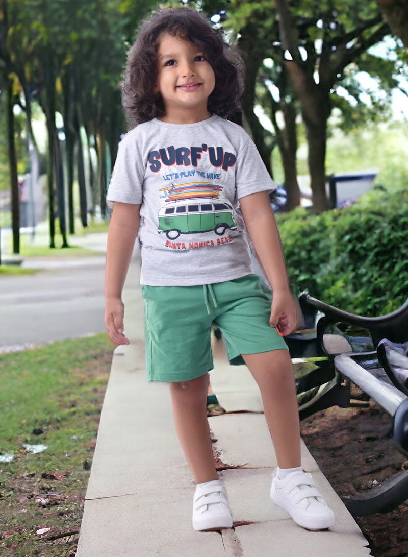 Kids Boys Set Comfortable 2-Piece T-Shirt & Shorts Set (2-8 Years)- Grey & Green