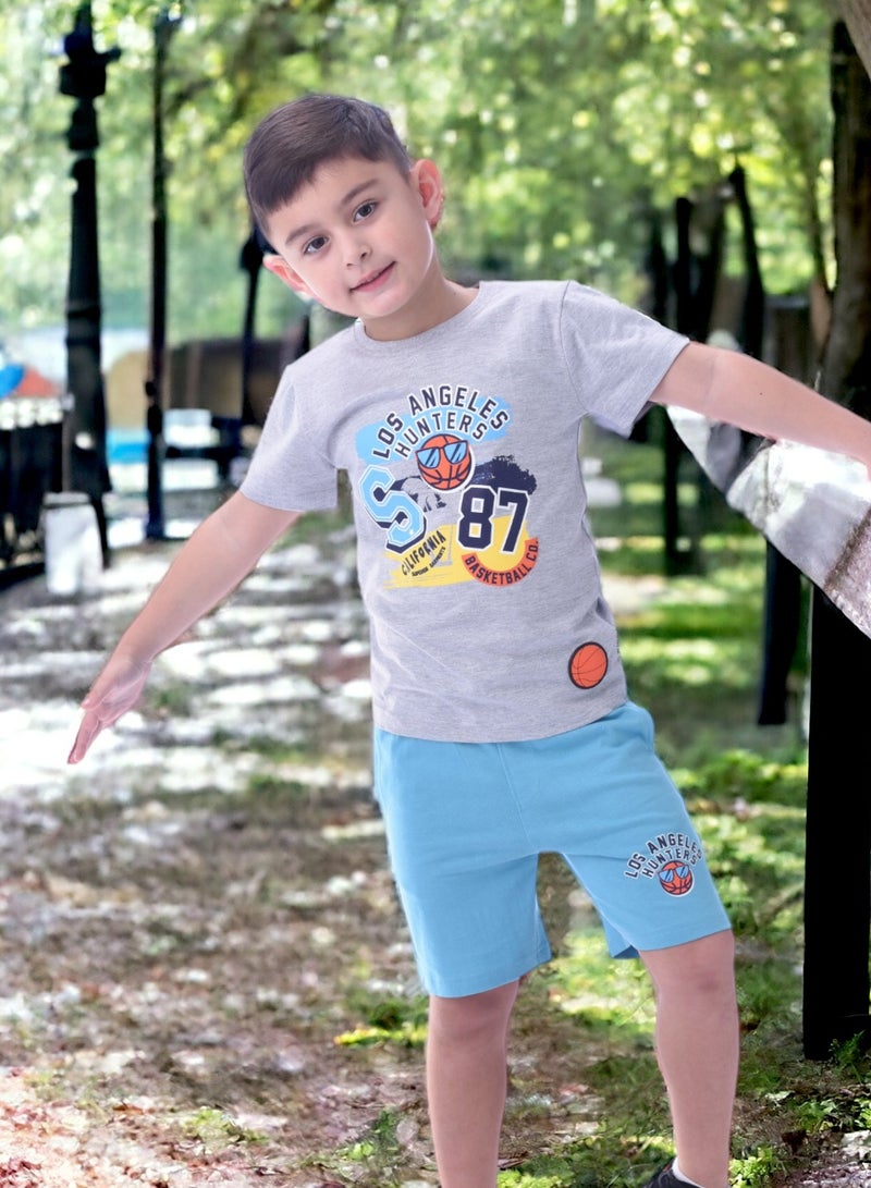 Kids Boys Sets Comfortable 2-Piece T-Shirt & Shorts Set (2-8 Years)- Grey & Blue