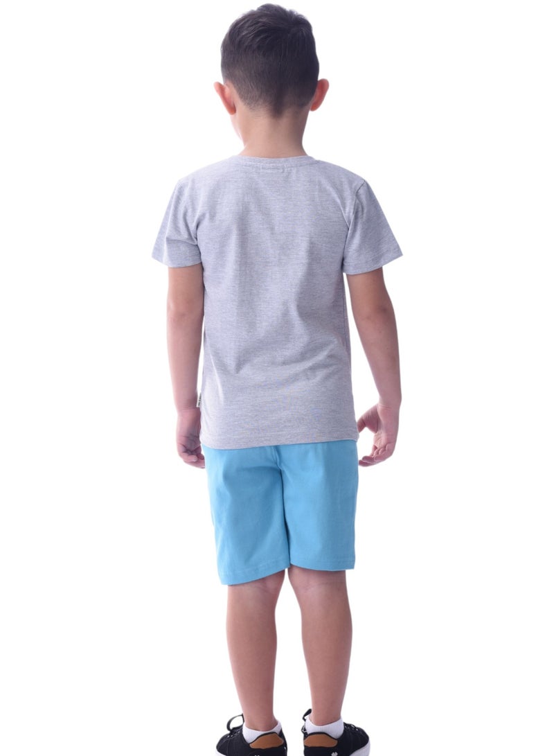 Kids Boys Sets Comfortable 2-Piece T-Shirt & Shorts Set (2-8 Years)- Grey & Blue