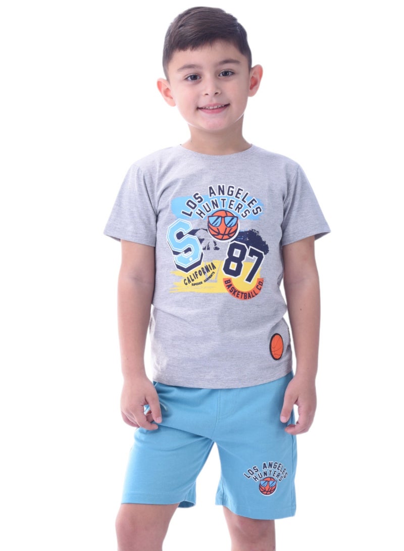 Kids Boys Sets Comfortable 2-Piece T-Shirt & Shorts Set (2-8 Years)- Grey & Blue