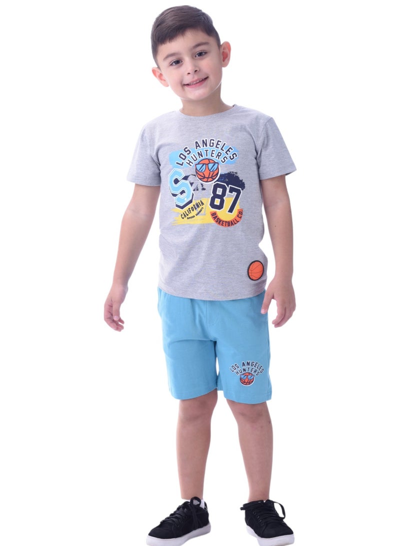 Kids Boys Sets Comfortable 2-Piece T-Shirt & Shorts Set (2-8 Years)- Grey & Blue