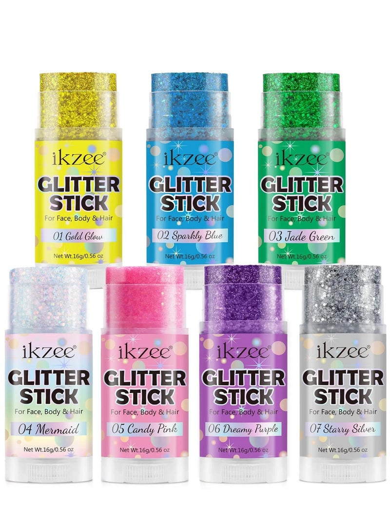 7 Pcs Body Glitter Gel Stick Set for Women & Girls Easy to Apply & Remove Festival Glitter Liquid Eyeshadow Mermaid Sequins Chunky Glitter Gel Cosmetic for Body Face Hair Nails Makeup