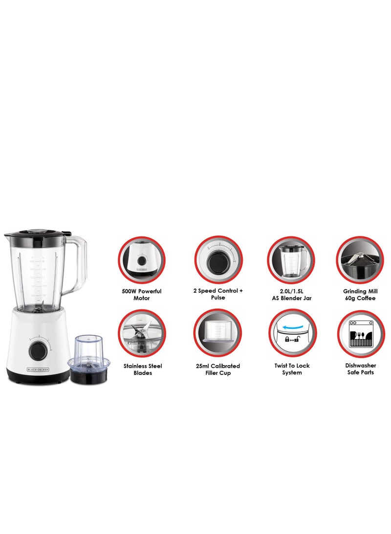 Blender & Smoothie Maker, Stainless Steel Blades, Grinder Mill, Ice Crushing, 2 Speed + Pulse, Safety Jar Lock, Compact Design for Easy Storage – 1.5 L 500 W BX520-B5 White