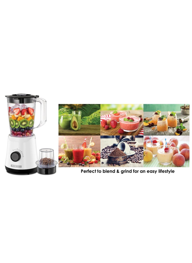 Blender & Smoothie Maker, Stainless Steel Blades, Grinder Mill, Ice Crushing, 2 Speed + Pulse, Safety Jar Lock, Compact Design for Easy Storage – 1.5 L 500 W BX520-B5 White