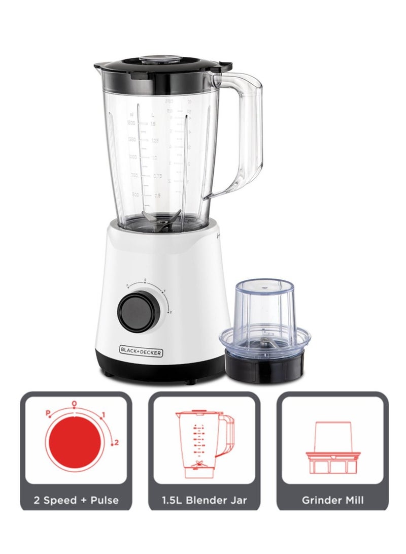 Blender & Smoothie Maker, Stainless Steel Blades, Grinder Mill, Ice Crushing, 2 Speed + Pulse, Safety Jar Lock, Compact Design for Easy Storage – 1.5 L 500 W BX520-B5 White