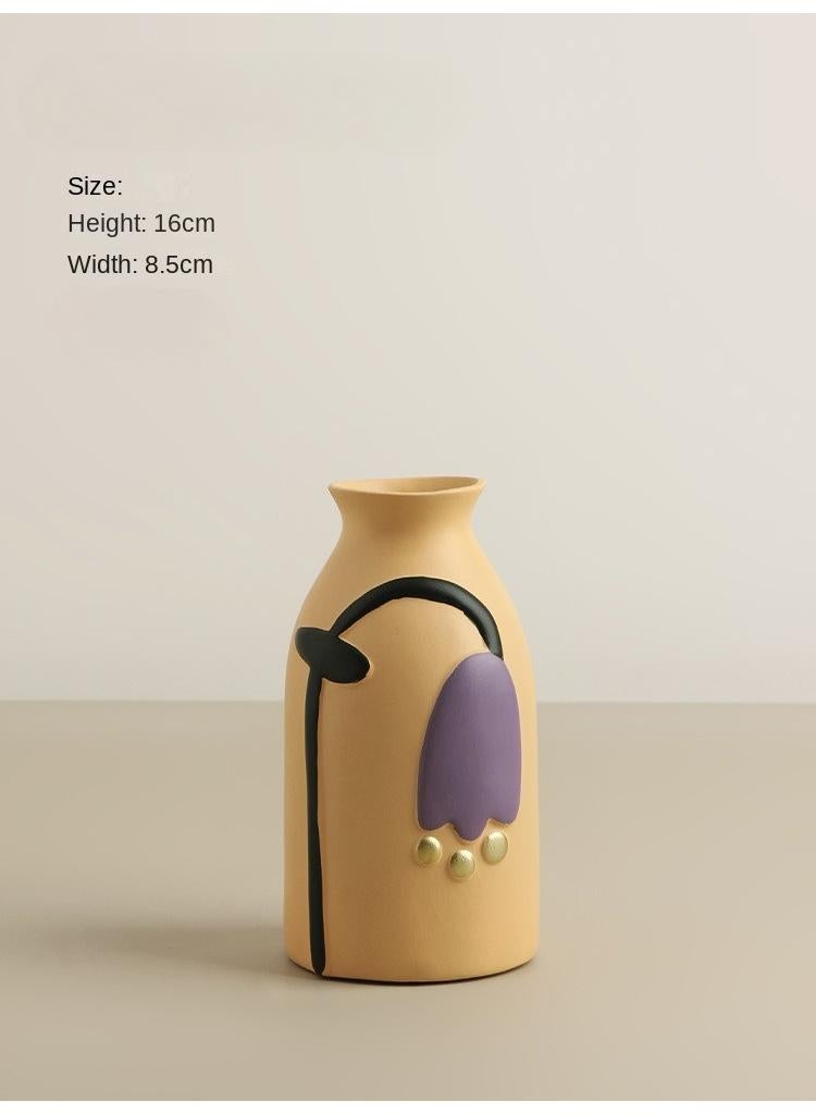 1 Pcs Creative Home Morandi Painted Ceramic Vase Living Room Decoration With Tulip Pattern 16cm High