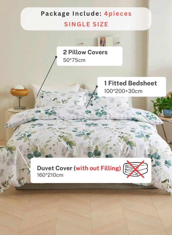 Single Size 4 Pieces Bedding Set, Green Leaves Design