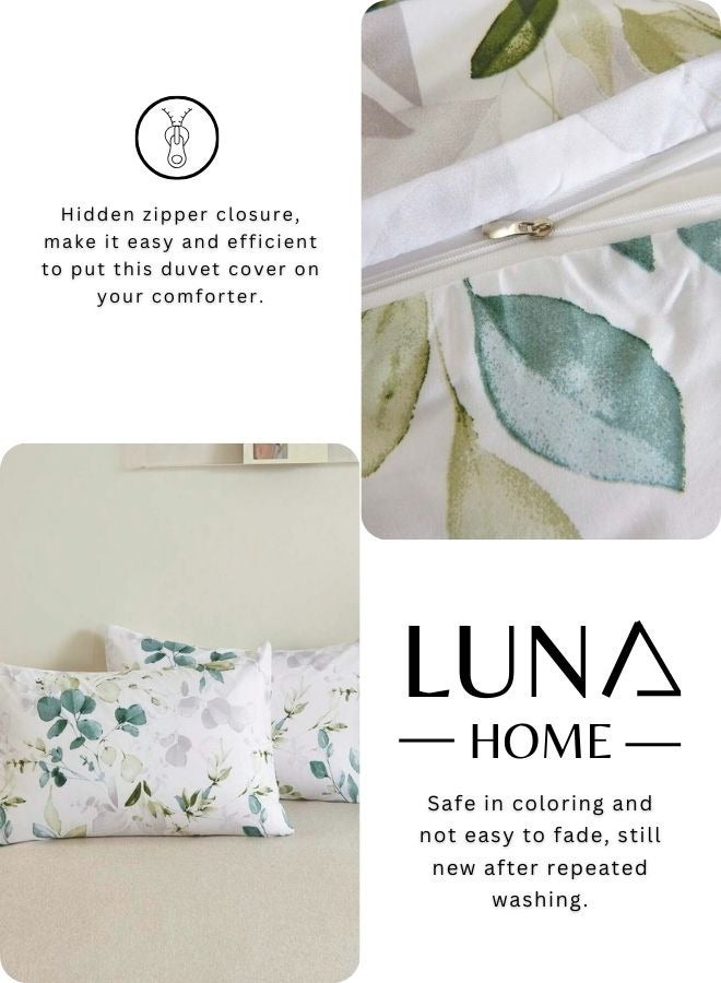 Single Size 4 Pieces Bedding Set, Green Leaves Design