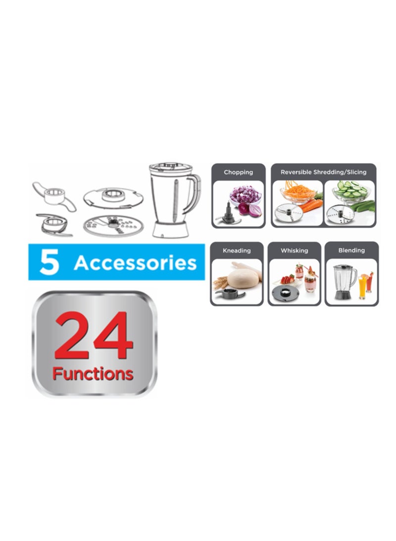 Food Processor, 800W, 24 Functions With 2L Bowl, 1.5L Blender Jar, Stainless Steel Slicing, Shredding Disc, Chopper Blade, Dough Maker, Whisk, 2-Speed Control With Pulse 1.5 L 800 W FX822-B5 White