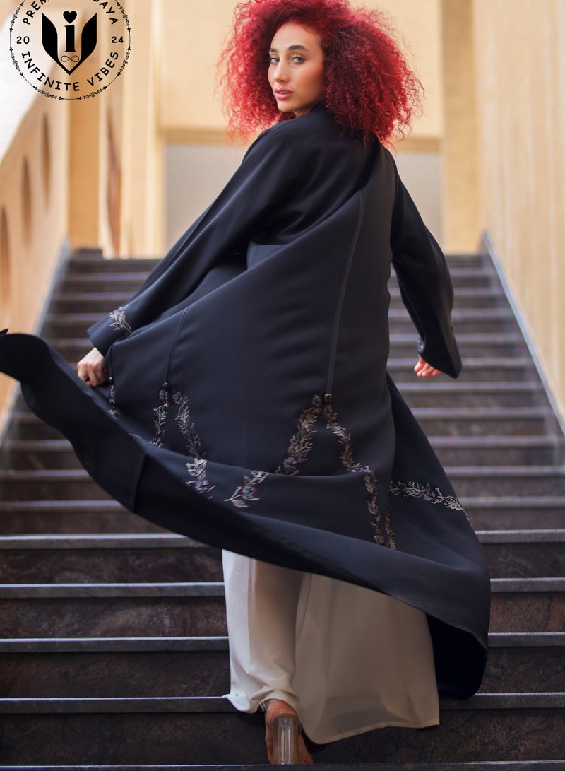 Black Abaya with Floral Embroidery with Sheila